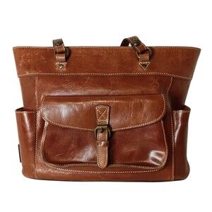 Patricia Nash Bolsena Tote Caramel Brown Leather Purse Shoulder Bag 14" x 11"